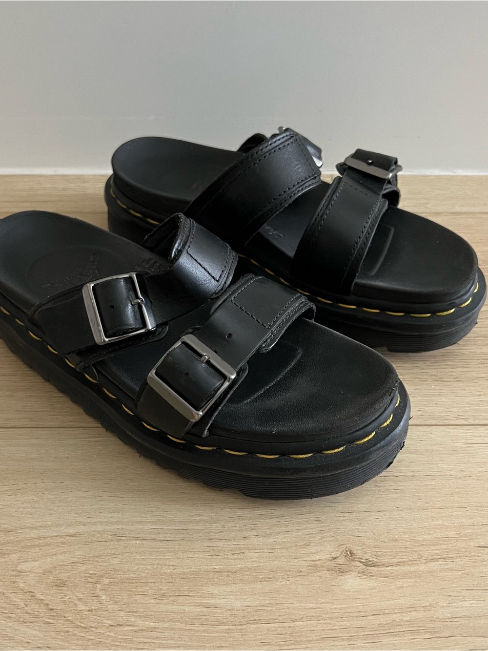 Dr. Martens Myles Black Leather Double-Buckle Platform Sandals
